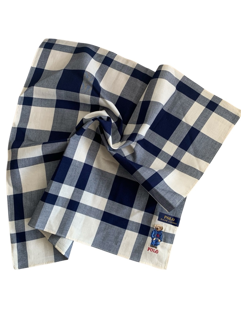 Polo Ralph Lauren Bear Handkerchief NWT 19" Blue Plaid 100% Cotton